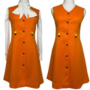 Vintage 70’s Tergal Up Orange Heart Patch Sleeveless French Jumper Mini Dress
